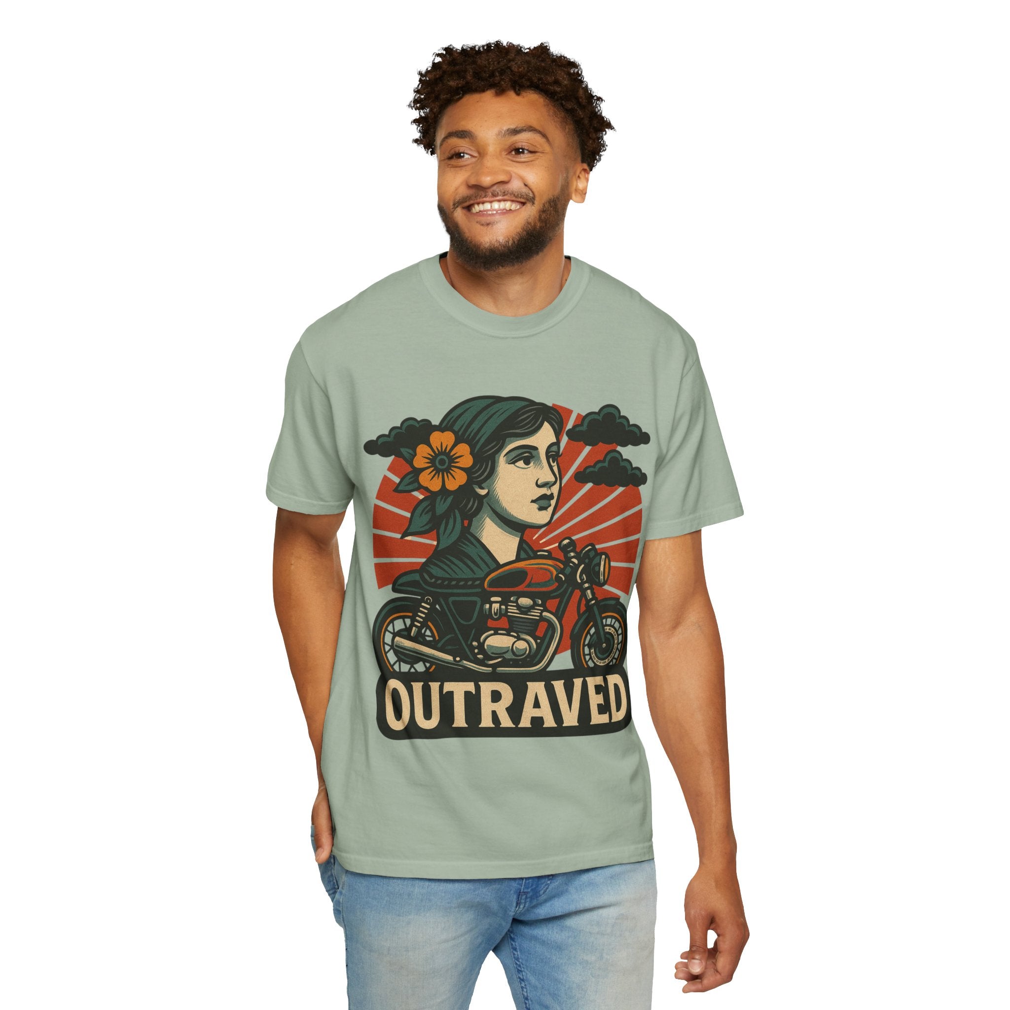 A Outraved Motorcycle Graphic T-Shirt — Vintage Rider Skull & Sunburst Tee
