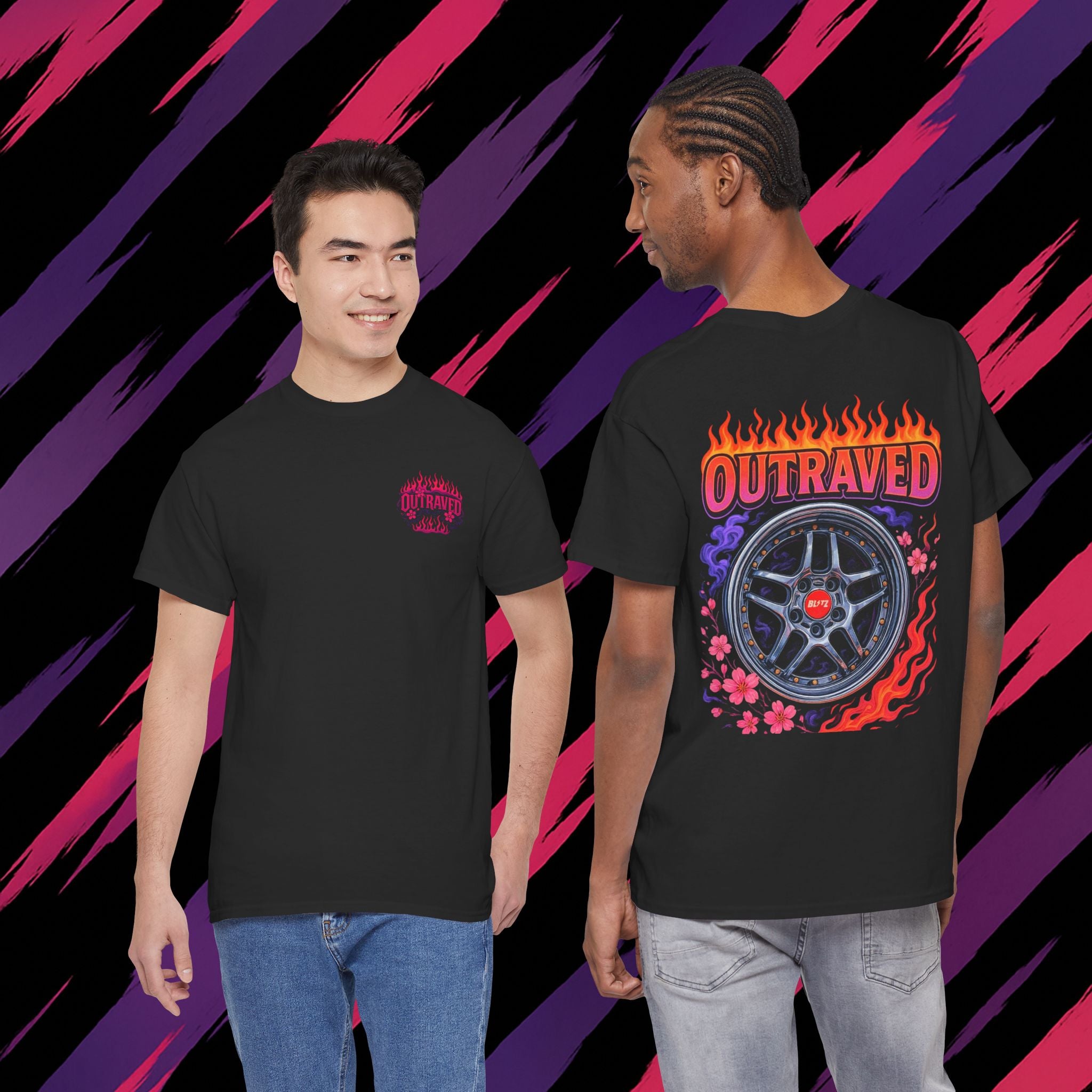 Outraved Wheel Graphic Tee — Vintage Racing Flame Design
