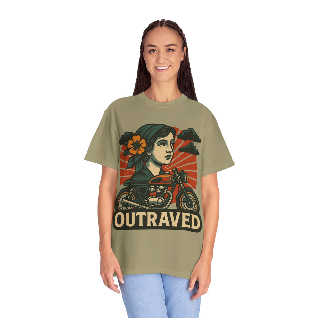 A Outraved Motorcycle Graphic T-Shirt — Vintage Rider Skull & Sunburst Tee