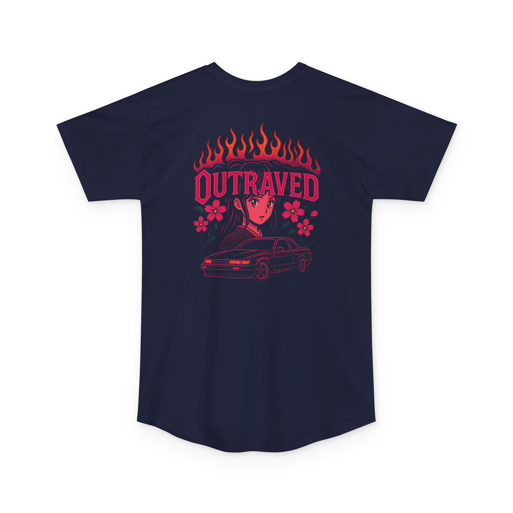A Outraved Flame Retro Car Longbody Tee — Vintage Anime Streetwear Longline Shirt