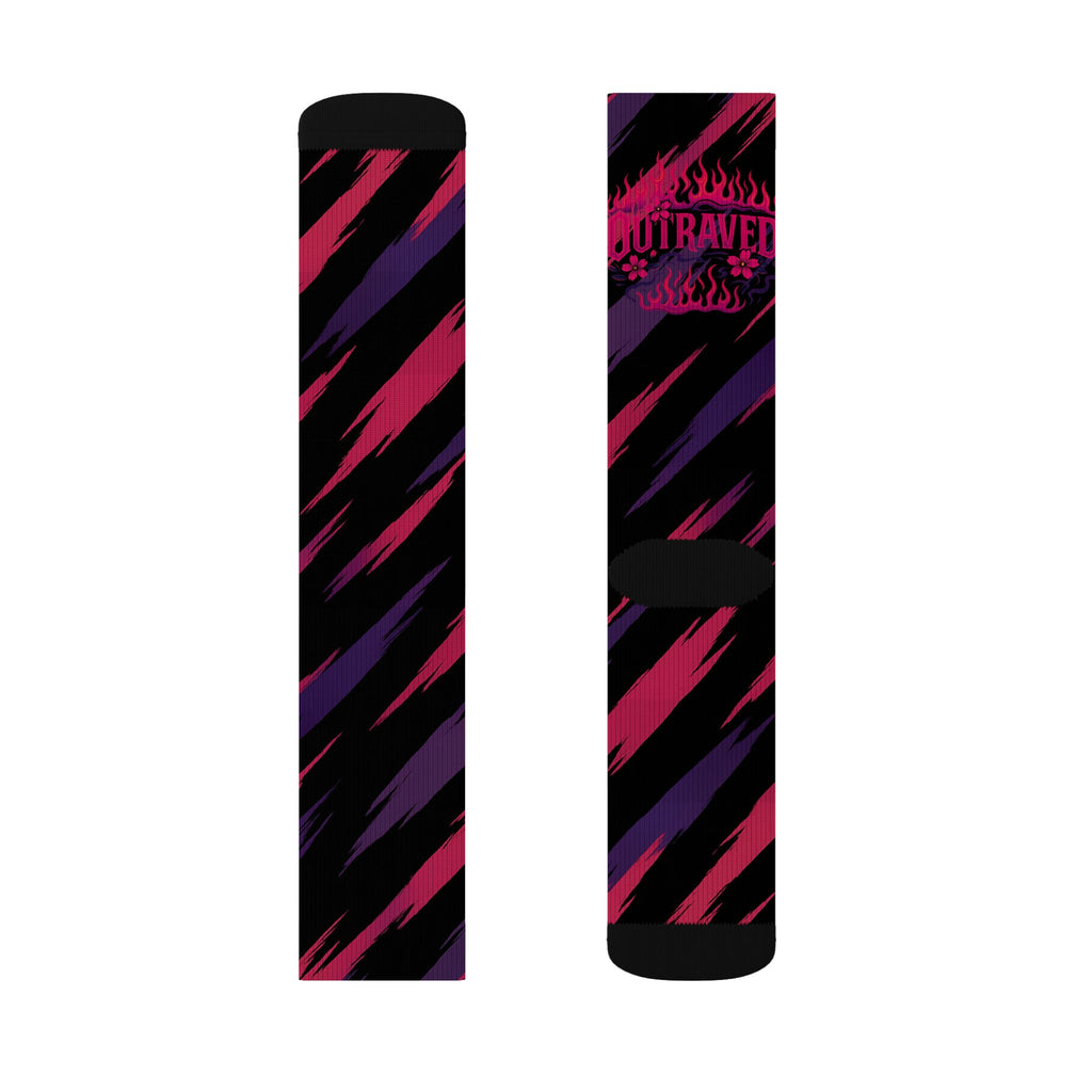 Retro Neon Stripe Socks — Bold Pink & Purple Abstract Crew Socks