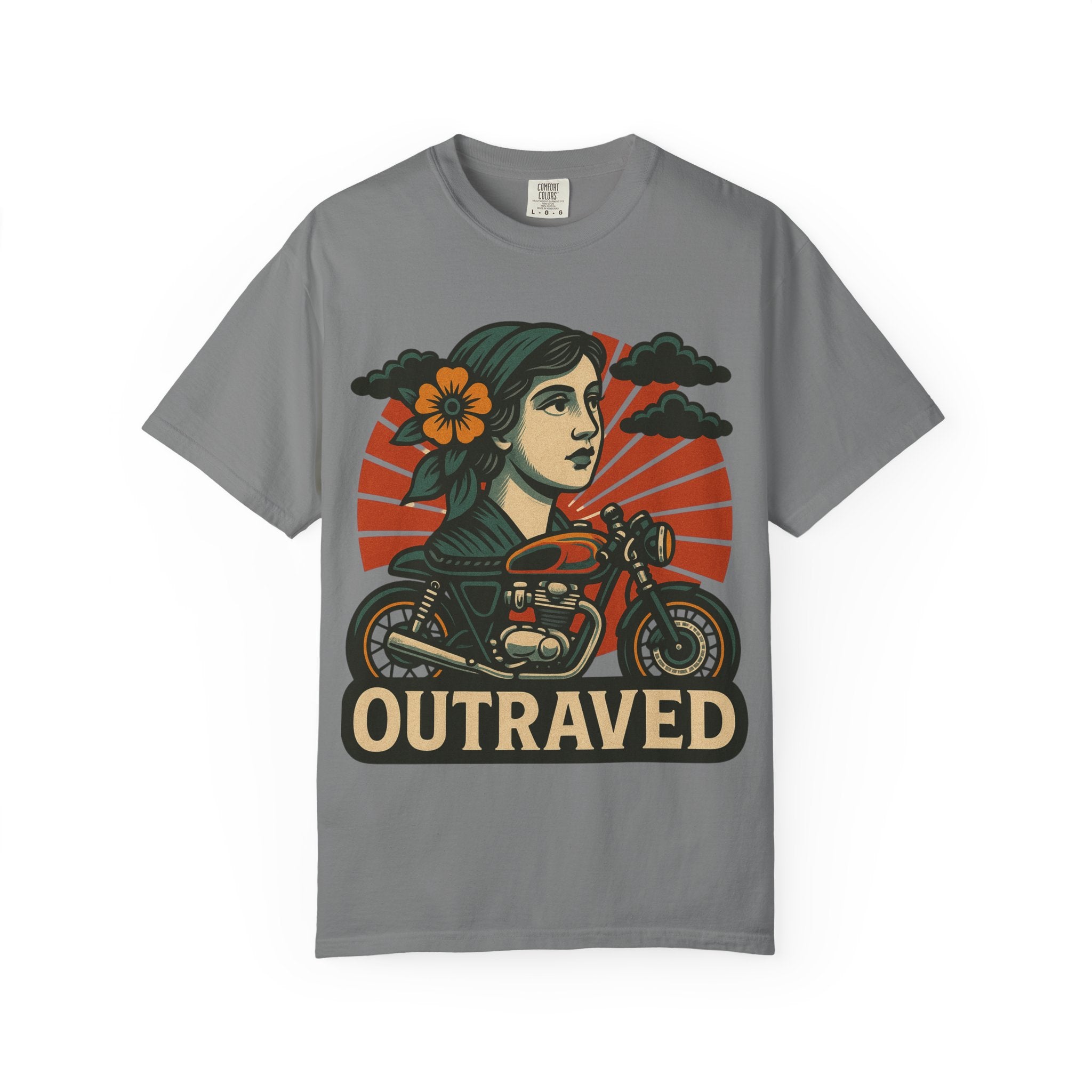A Outraved Motorcycle Graphic T-Shirt — Vintage Rider Skull & Sunburst Tee