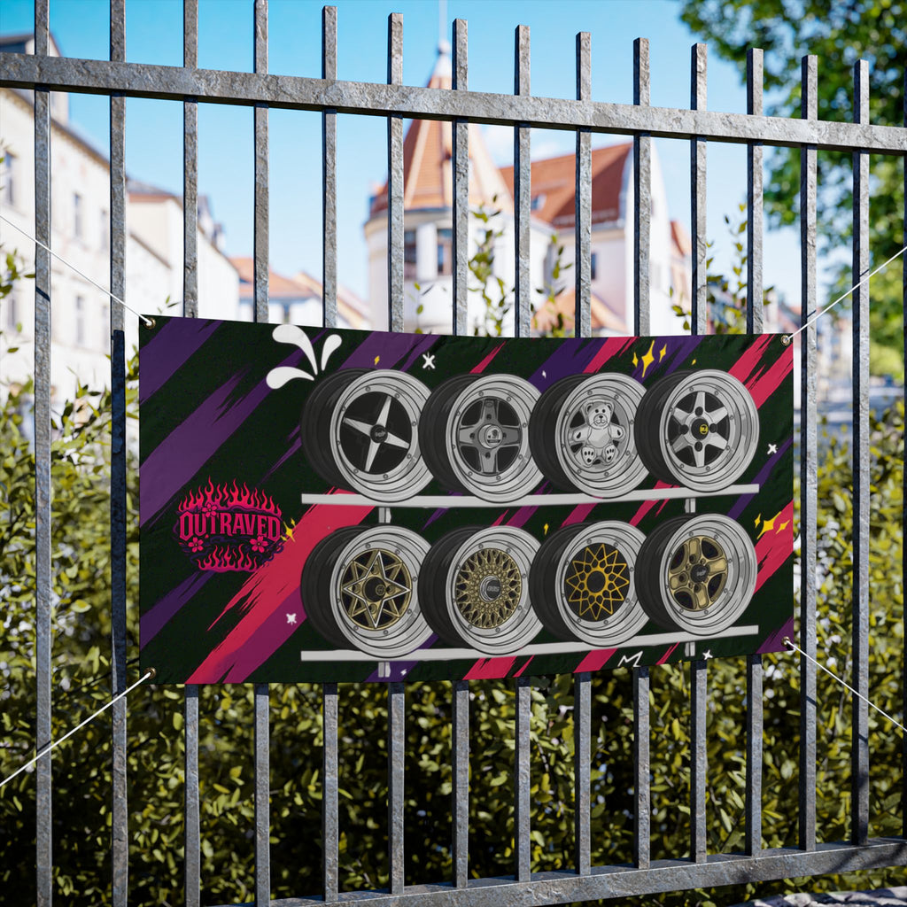 Custom Racing Wheels Vinyl Banner – Automotive Shop Display, Wheel Rim Design