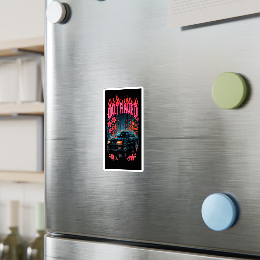 Sticker — Retro JDM Car “Outraved” Neon Flames & Cherry Blossoms