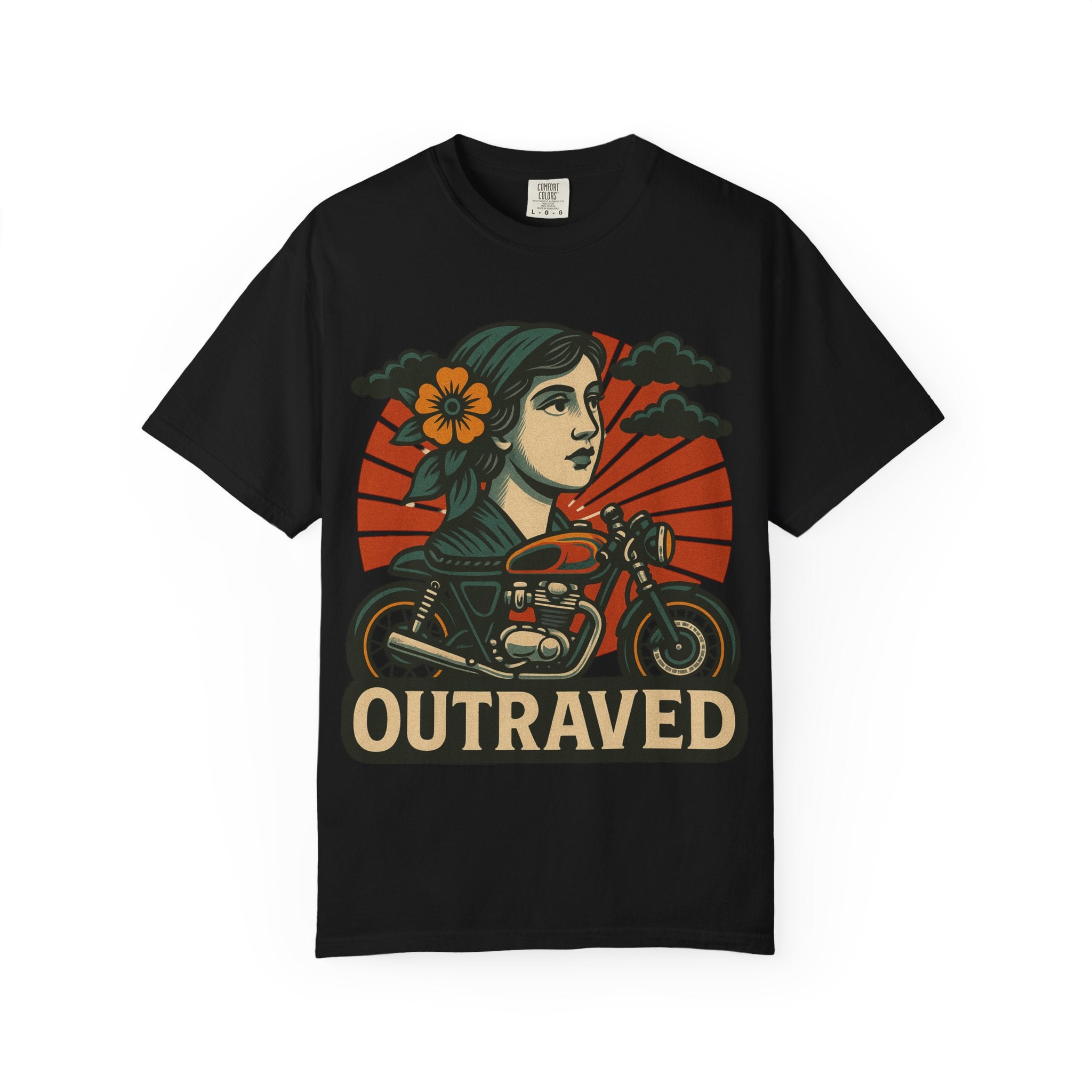 A Outraved Motorcycle Graphic T-Shirt — Vintage Rider Skull & Sunburst Tee