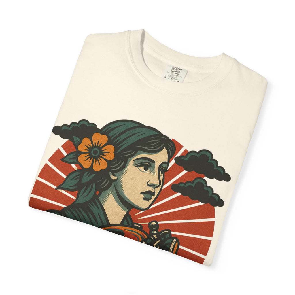 A Outraved Motorcycle Graphic T-Shirt — Vintage Rider Skull & Sunburst Tee