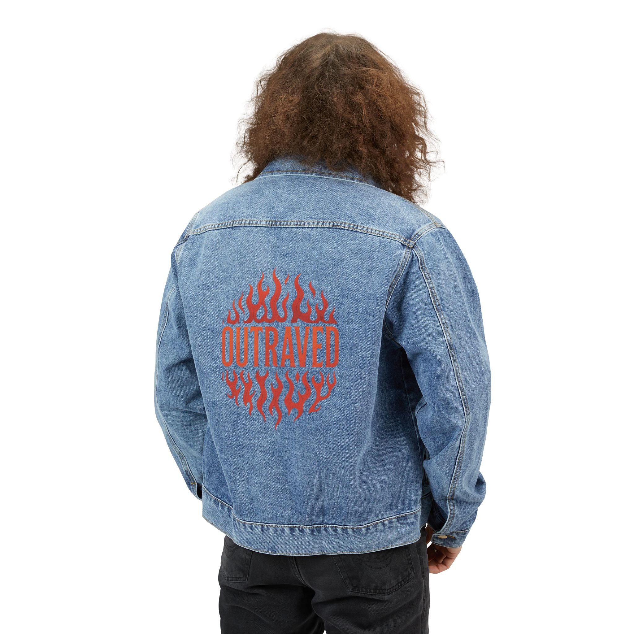 Denim Jacket — Red Flame “Outraged” Back Graphic