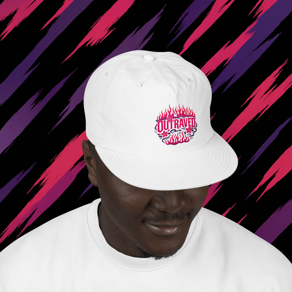 Surf Cap — White Snapback Hat with Pink ‘OUTRAVED’ Flame Logo