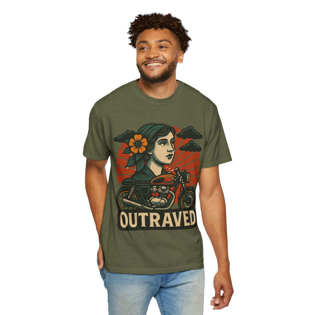 A Outraved Motorcycle Graphic T-Shirt — Vintage Rider Skull & Sunburst Tee