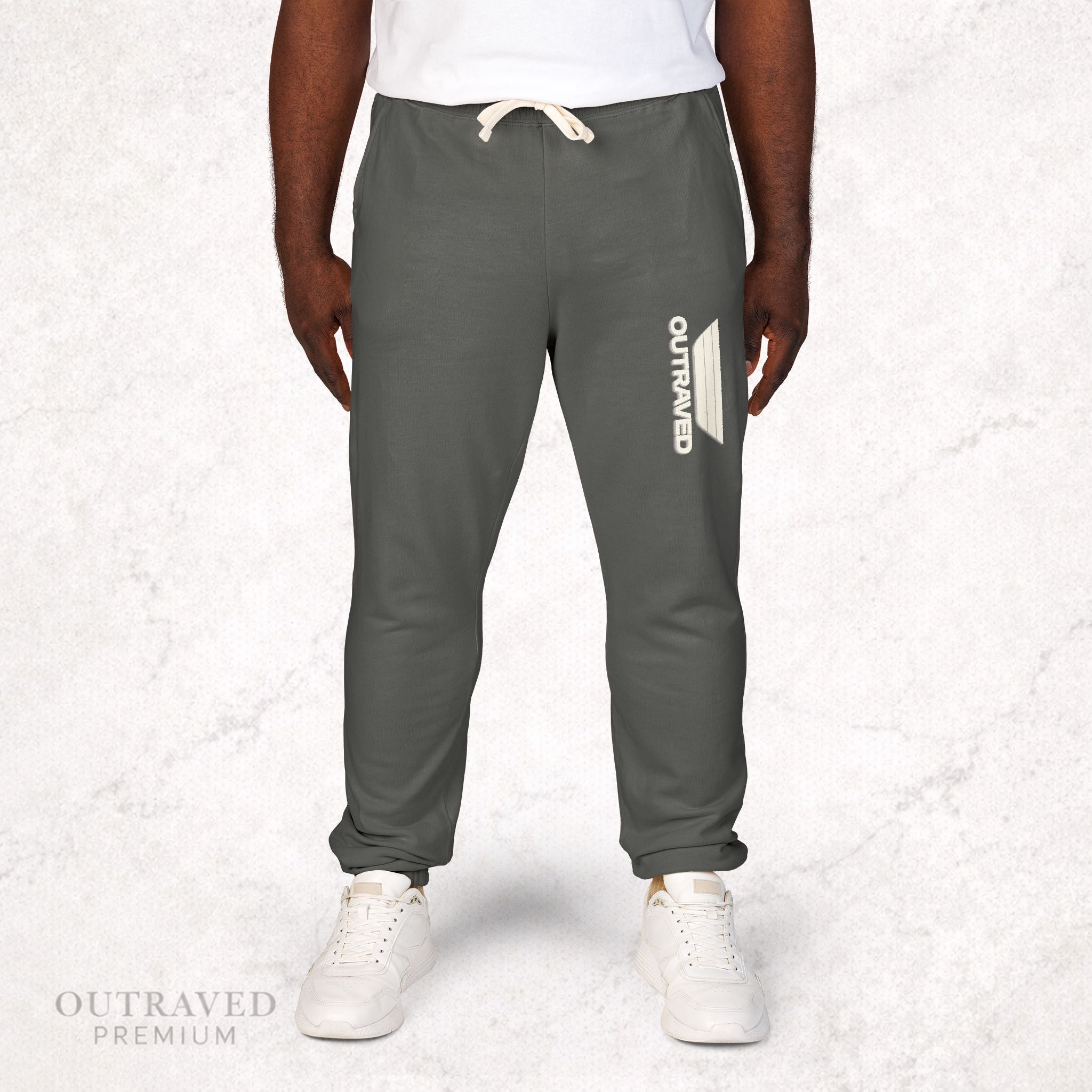 Garment-Dyed Fleece Sweatpants — Olive Joggers with White Side Logo