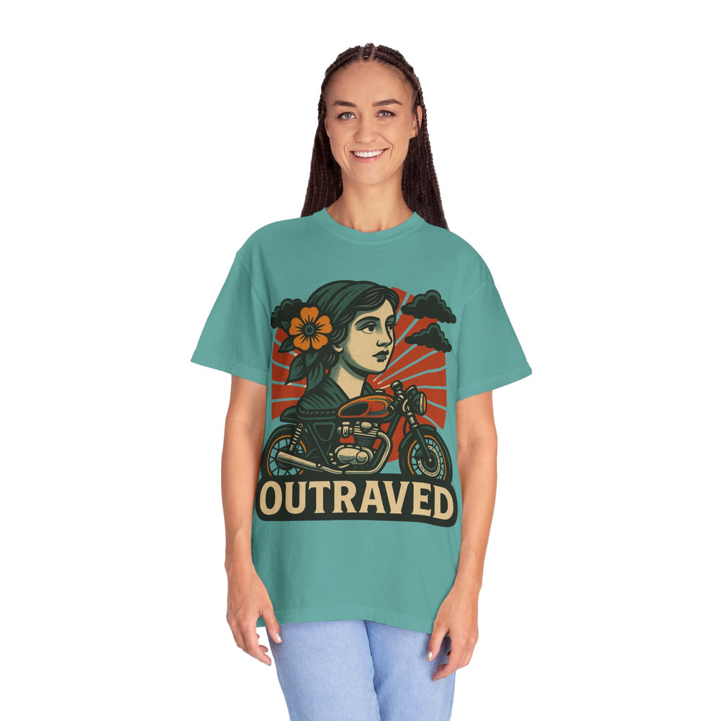 A Outraved Motorcycle Graphic T-Shirt — Vintage Rider Skull & Sunburst Tee