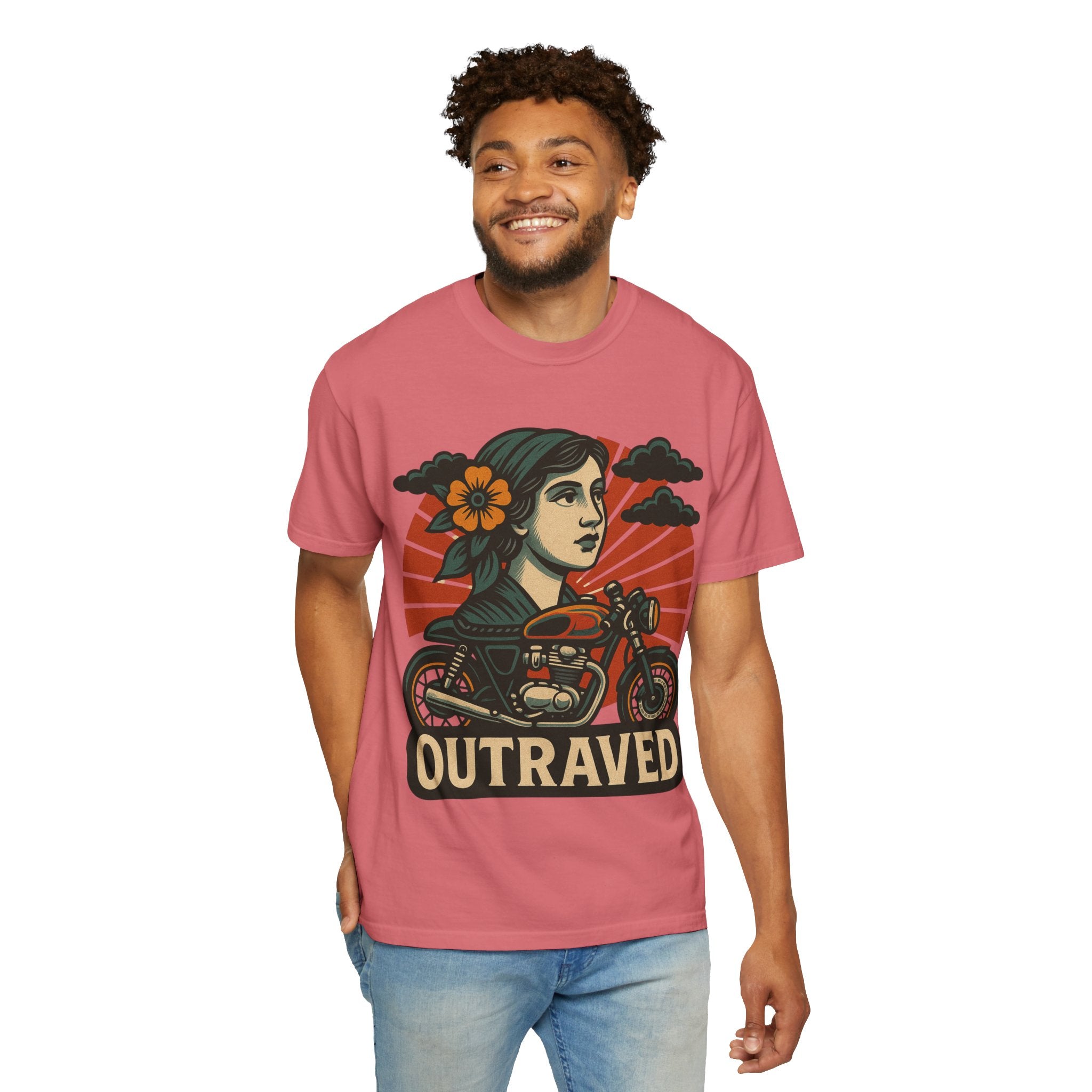 A Outraved Motorcycle Graphic T-Shirt — Vintage Rider Skull & Sunburst Tee