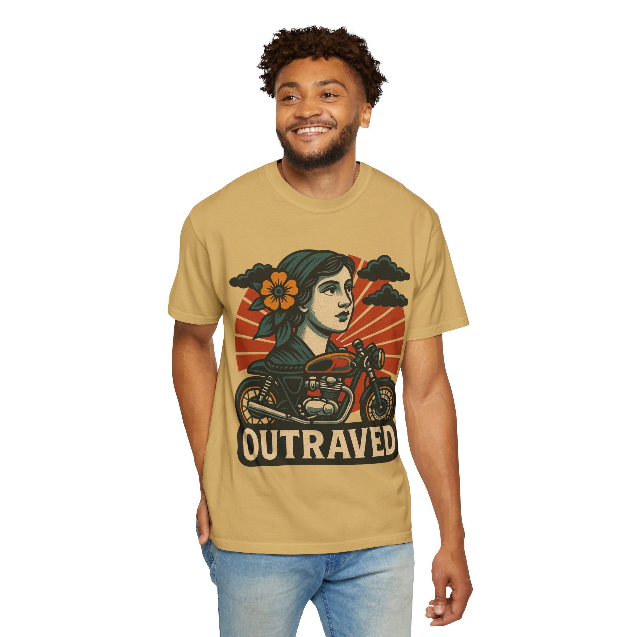 A Outraved Motorcycle Graphic T-Shirt — Vintage Rider Skull & Sunburst Tee