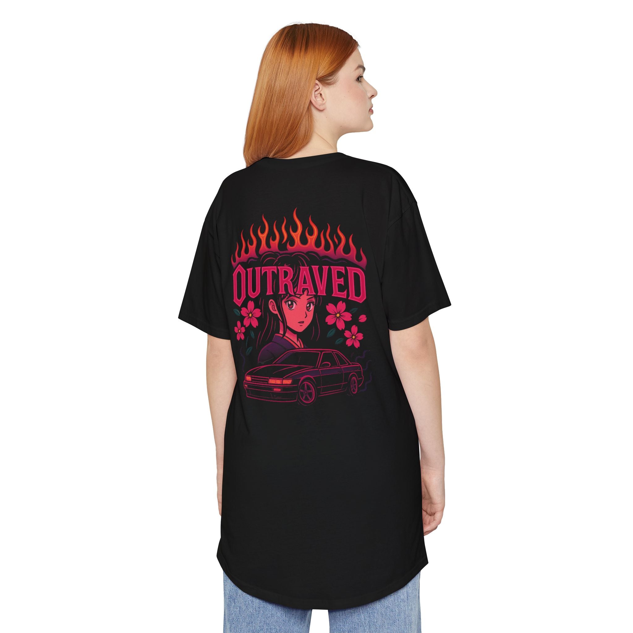 A Outraved Flame Retro Car Longbody Tee — Vintage Anime Streetwear Longline Shirt