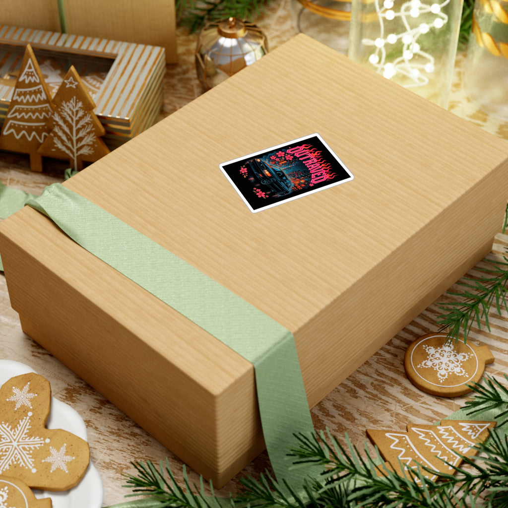 Sticker — Retro JDM Car “Outraved” Neon Flames & Cherry Blossoms