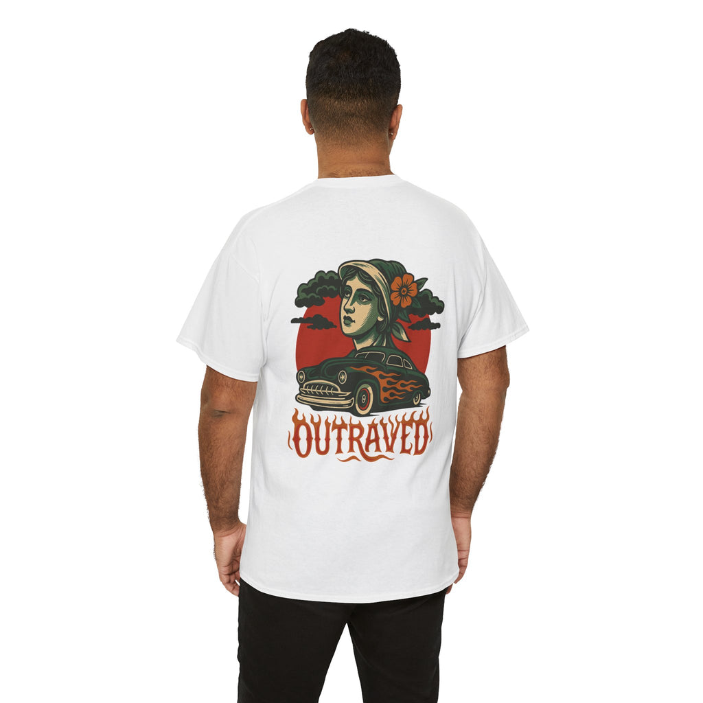 Outraved Flames Graphic Tee — Vintage Car & Woman Back Print