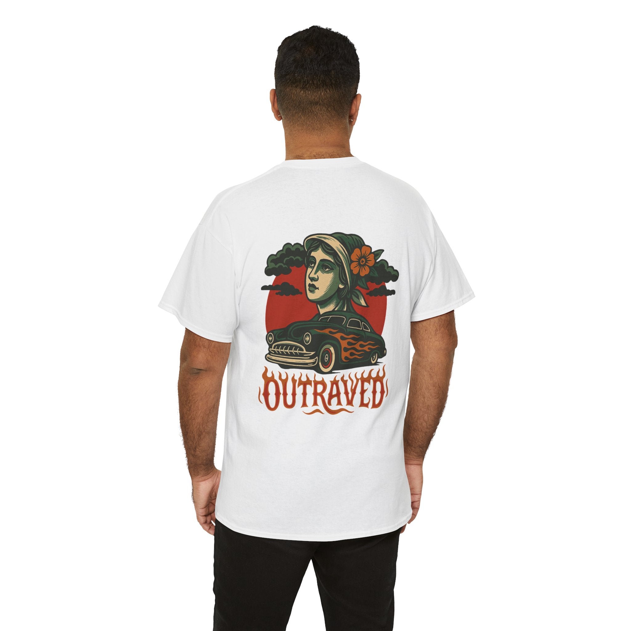 Outraved Flames Graphic Tee — Vintage Car & Woman Back Print