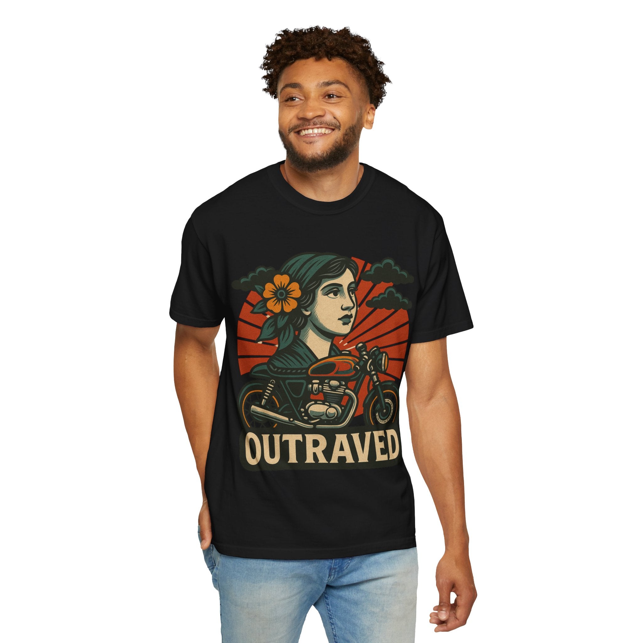 A Outraved Motorcycle Graphic T-Shirt — Vintage Rider Skull & Sunburst Tee
