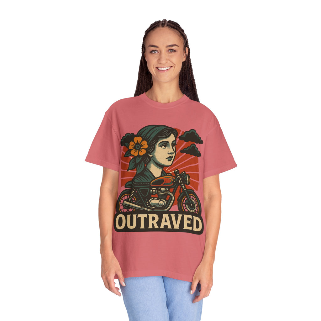 A Outraved Motorcycle Graphic T-Shirt — Vintage Rider Skull & Sunburst Tee