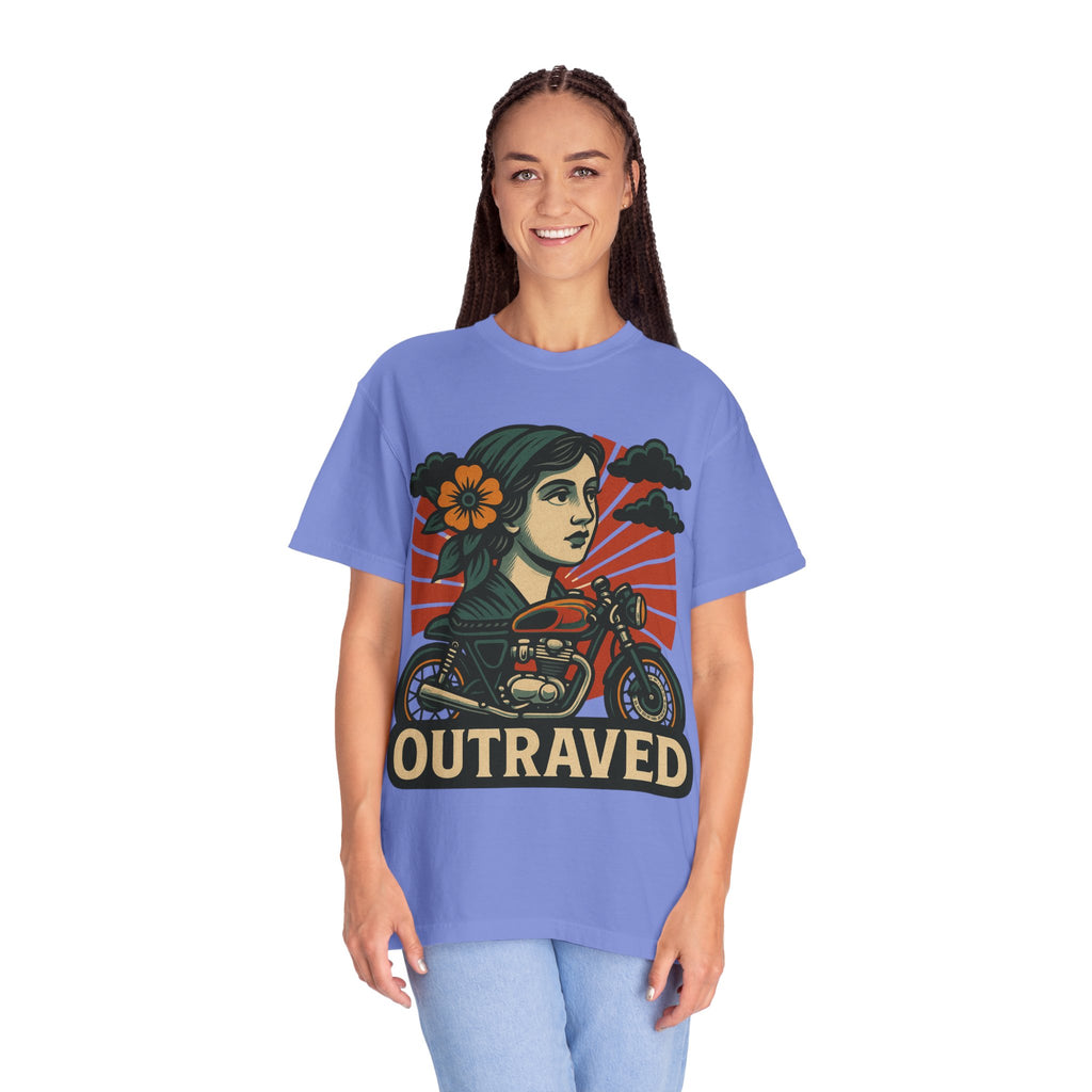 A Outraved Motorcycle Graphic T-Shirt — Vintage Rider Skull & Sunburst Tee