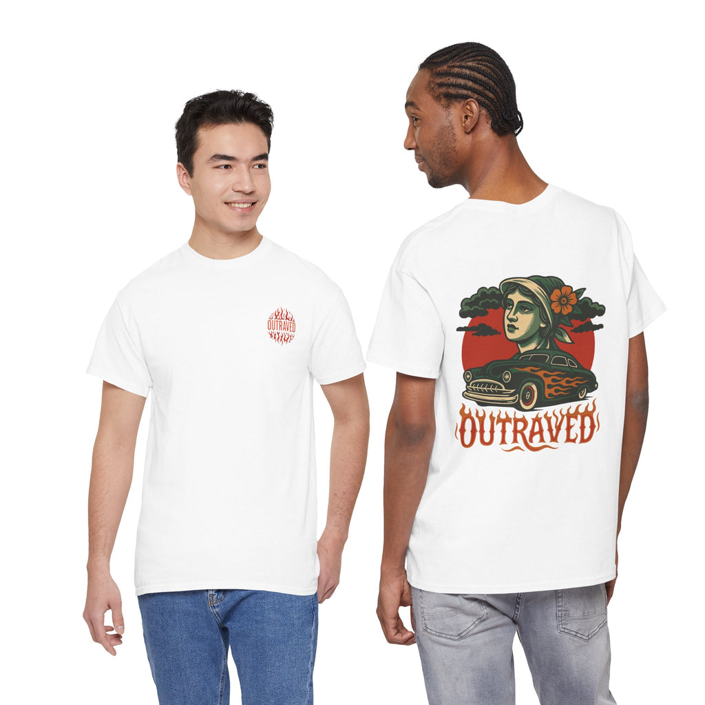 Outraved Flames Graphic Tee — Vintage Car & Woman Back Print