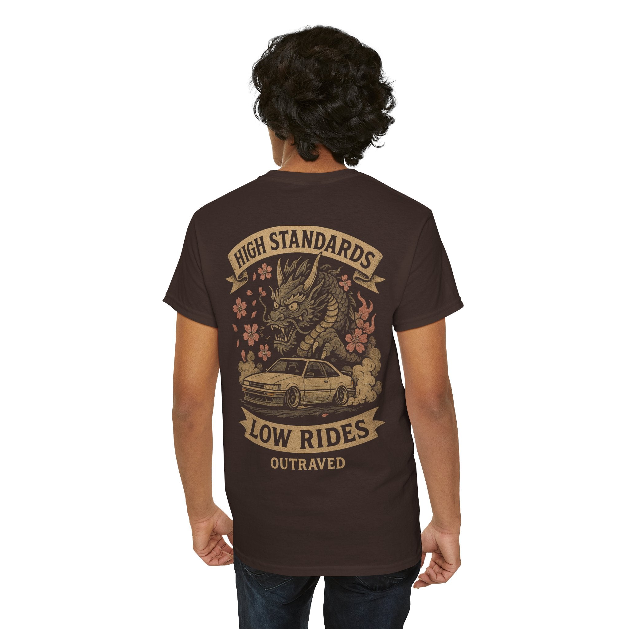 A Outraved 'High Standards Low Rides' Graphic Tee — Vintage Dragon Car Design