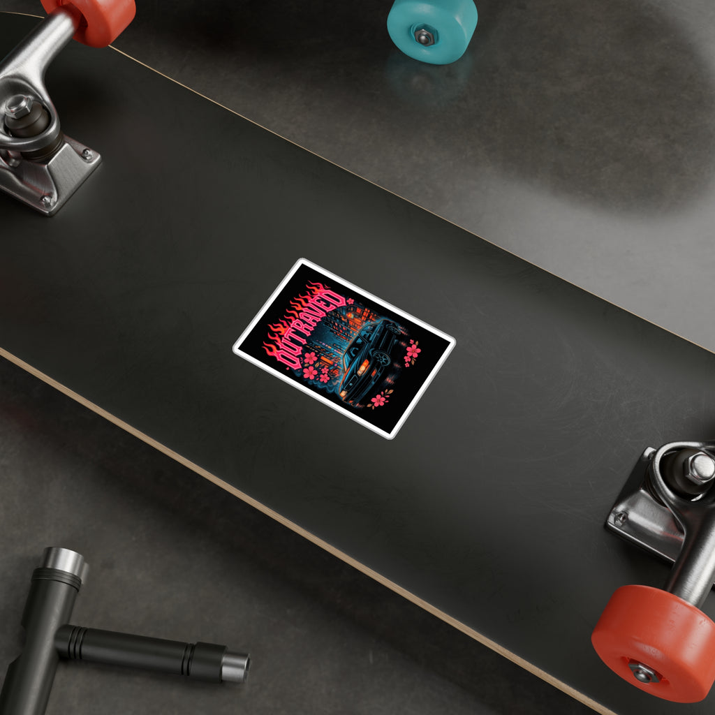 Sticker — Retro JDM Car “Outraved” Neon Flames & Cherry Blossoms