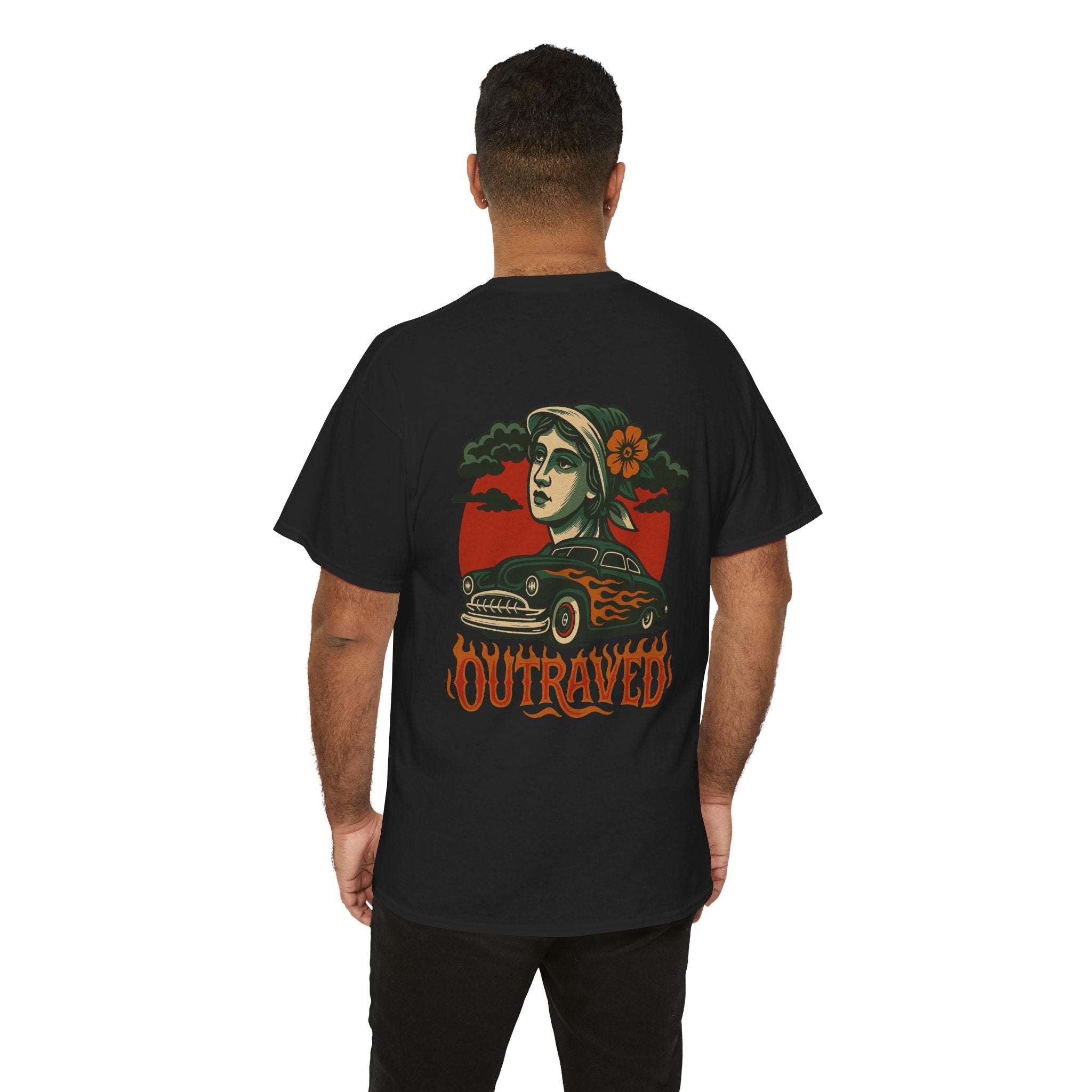 A Outraved Flames Graphic Tee — Vintage Car & Woman Back Print