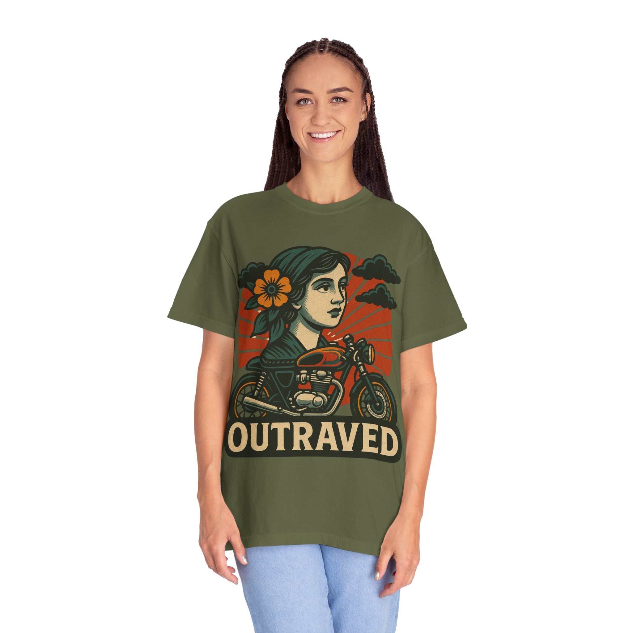 A Outraved Motorcycle Graphic T-Shirt — Vintage Rider Skull & Sunburst Tee
