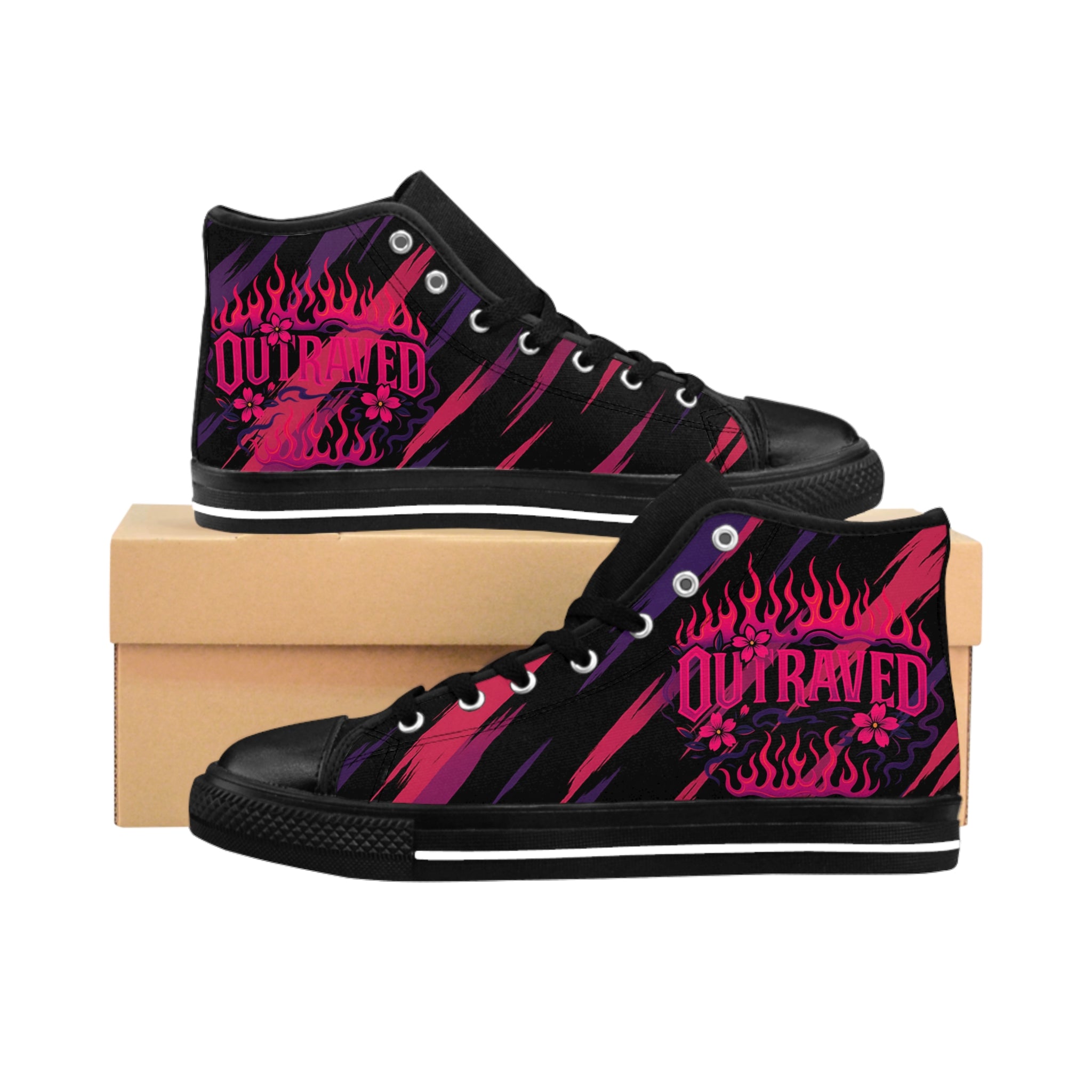 High-Top Sneakers — 'Outbraved' Flame Graphic Retro Streetwear