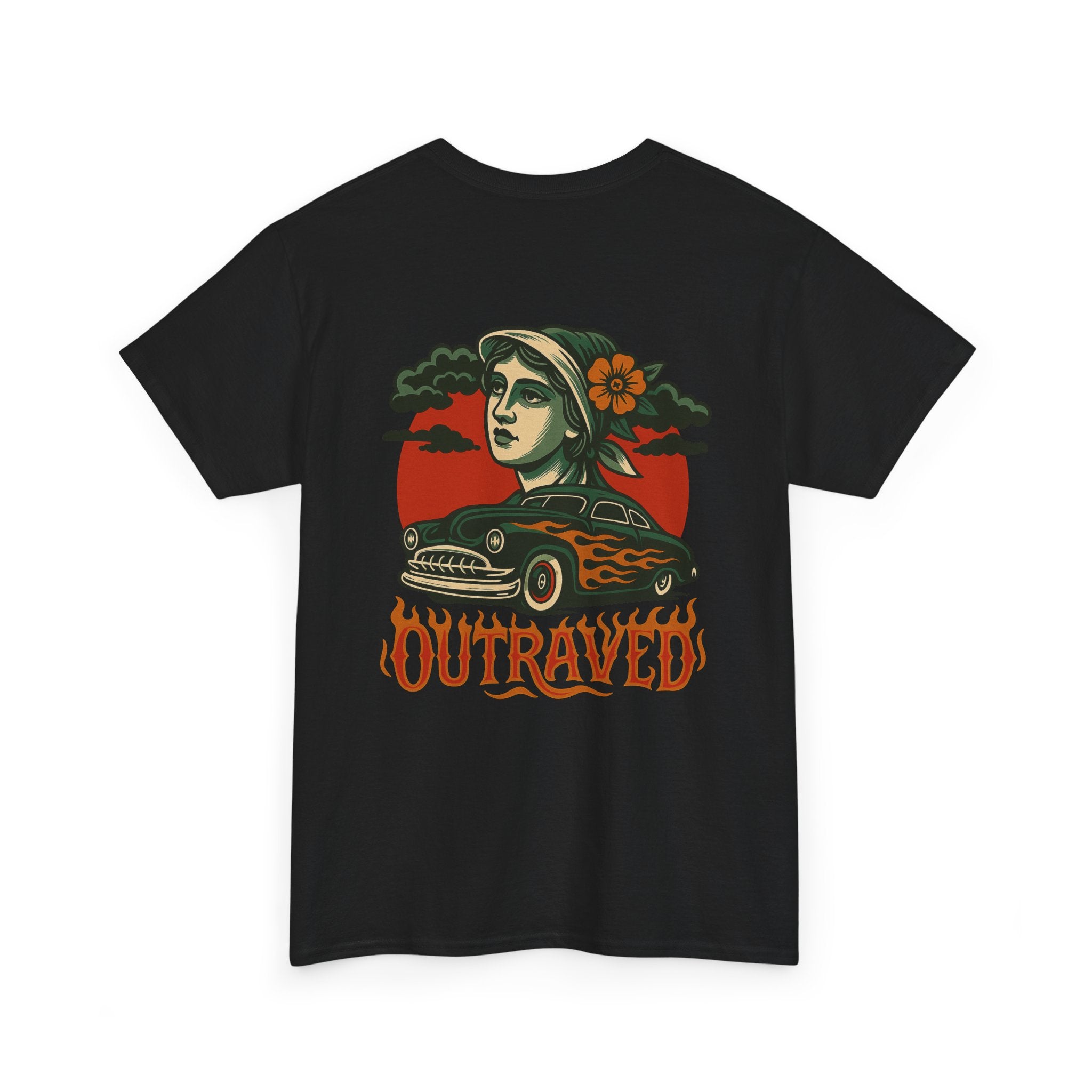 A Outraved Flames Graphic Tee — Vintage Car & Woman Back Print