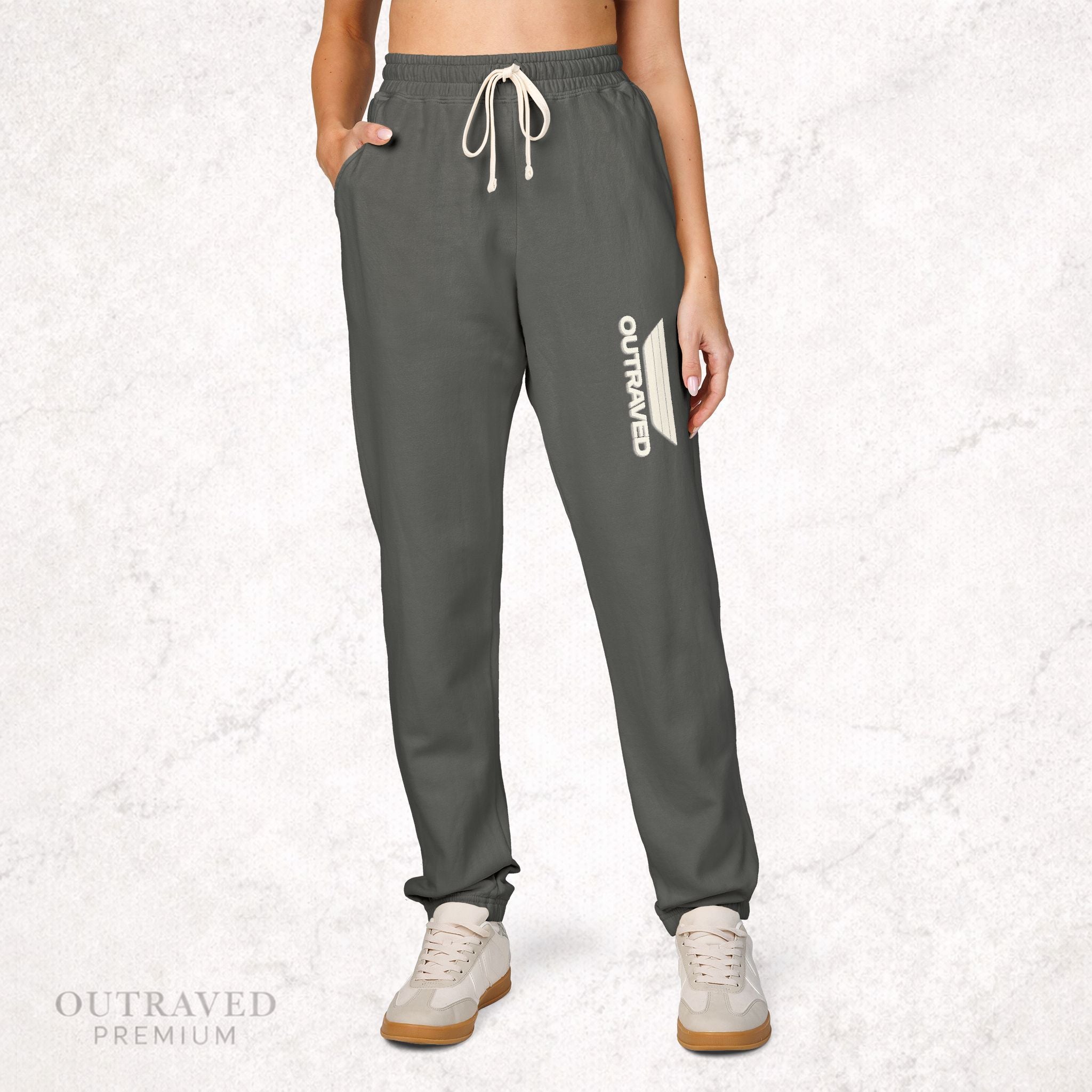 Garment-Dyed Fleece Sweatpants — Olive Joggers with White Side Logo