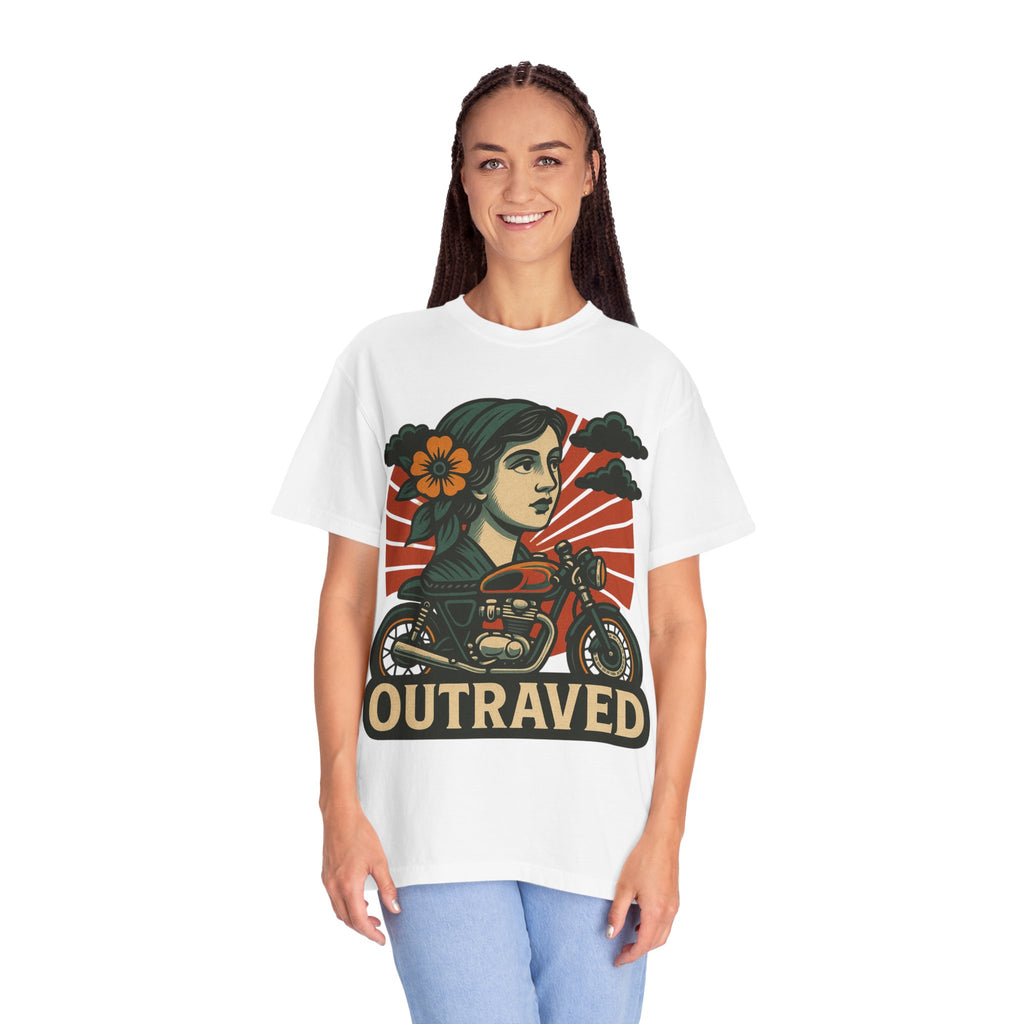 A Outraved Motorcycle Graphic T-Shirt — Vintage Rider Skull & Sunburst Tee