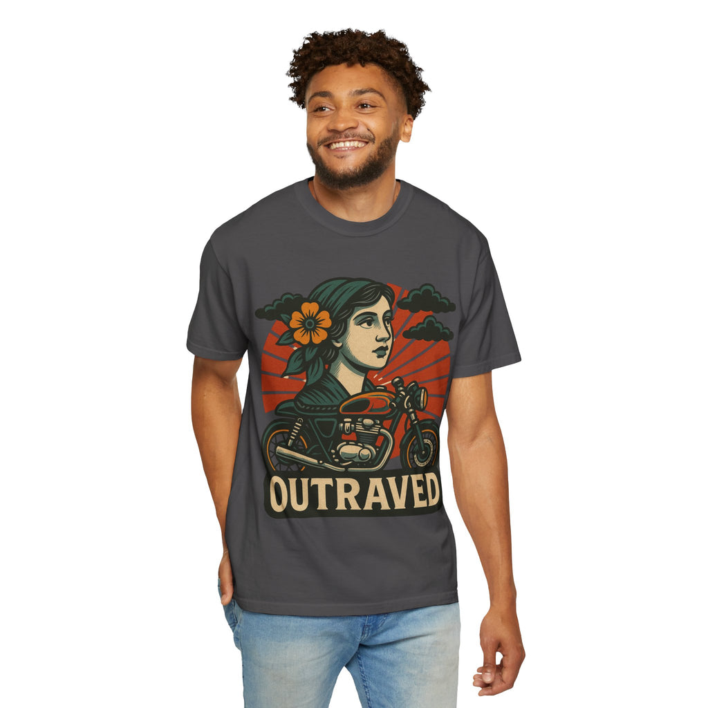 A Outraved Motorcycle Graphic T-Shirt — Vintage Rider Skull & Sunburst Tee