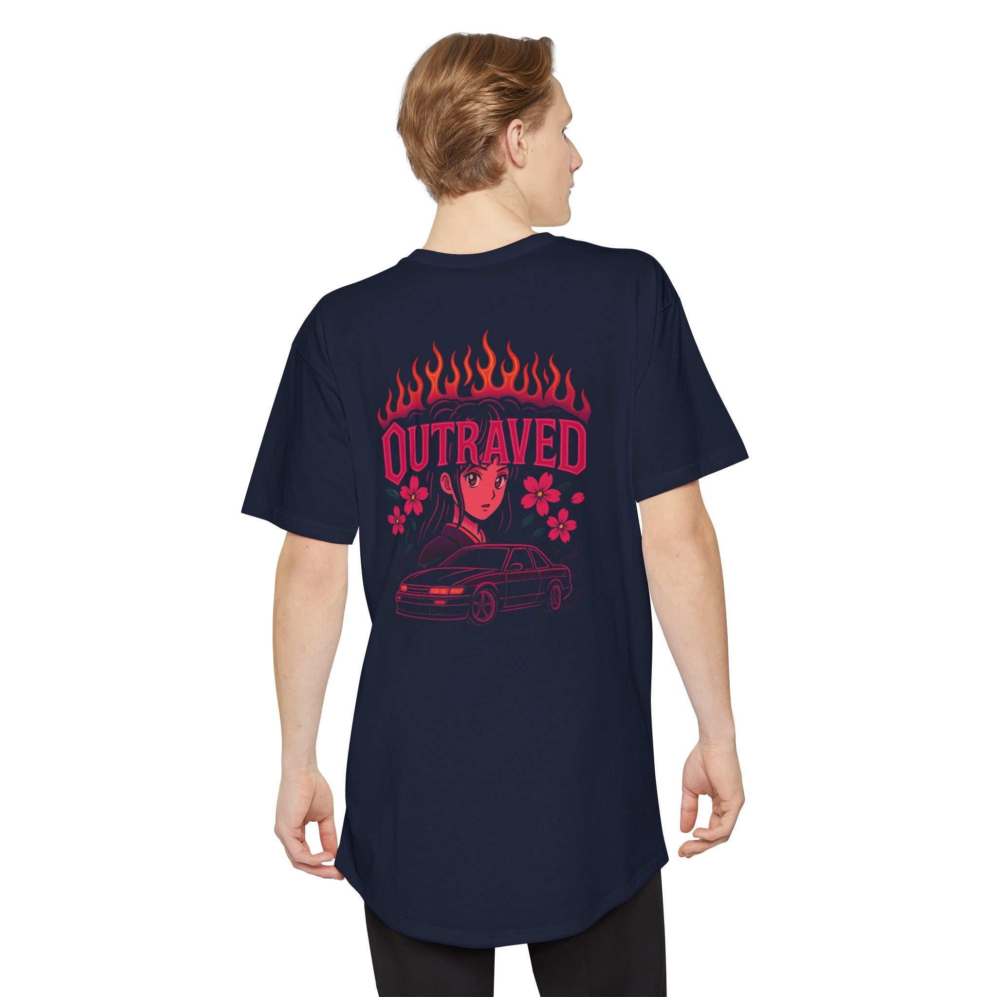 A Outraved Flame Retro Car Longbody Tee — Vintage Anime Streetwear Longline Shirt