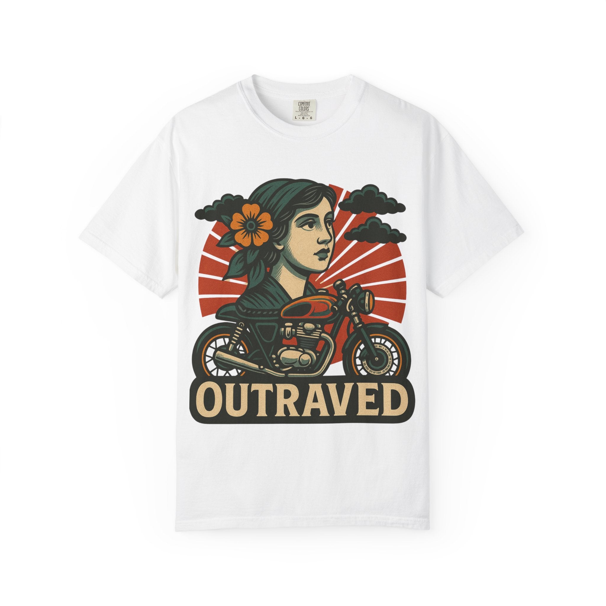 A Outraved Motorcycle Graphic T-Shirt — Vintage Rider Skull & Sunburst Tee
