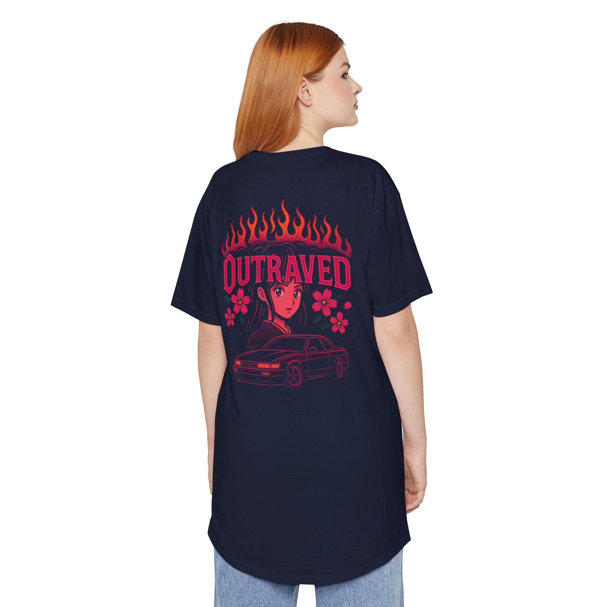 A Outraved Flame Retro Car Longbody Tee — Vintage Anime Streetwear Longline Shirt