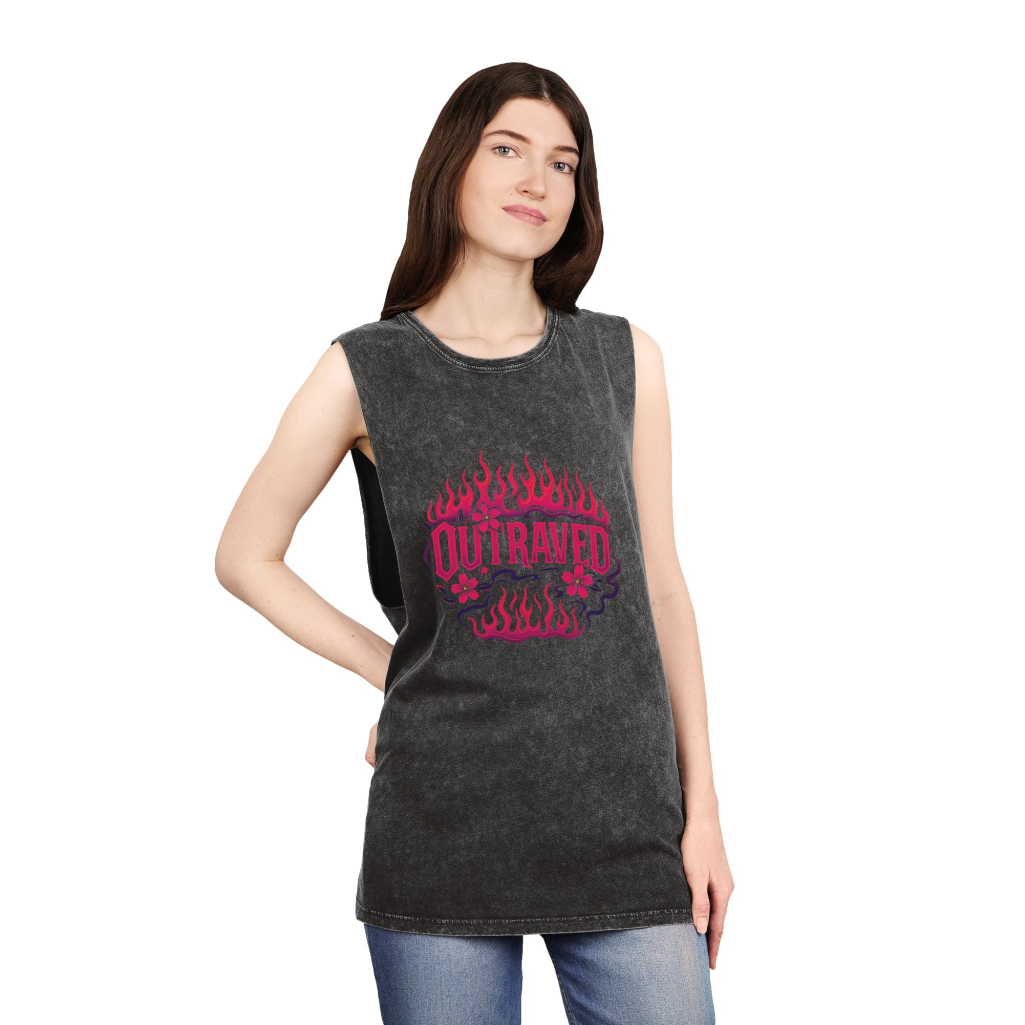 A Outraved Flame Graphic Tank Top — Stonewash Muscle Tee