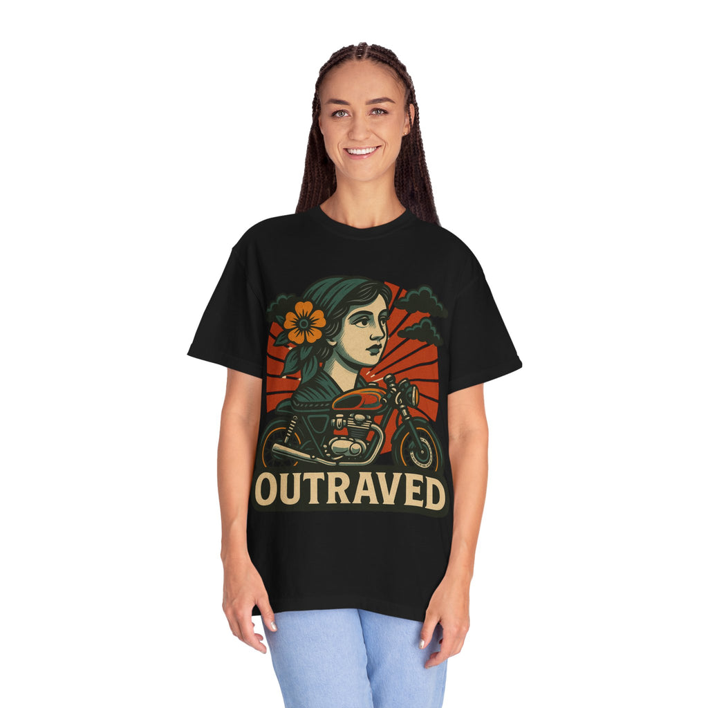 A Outraved Motorcycle Graphic T-Shirt — Vintage Rider Skull & Sunburst Tee