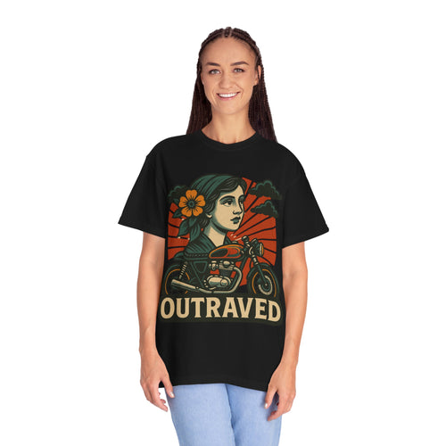 A Outraved Motorcycle Graphic T-Shirt — Vintage Rider Skull & Sunburst Tee