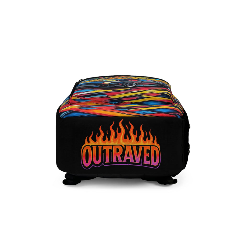 Outraved Sports Car Backpack — Neon Street Racing Graphic Bag