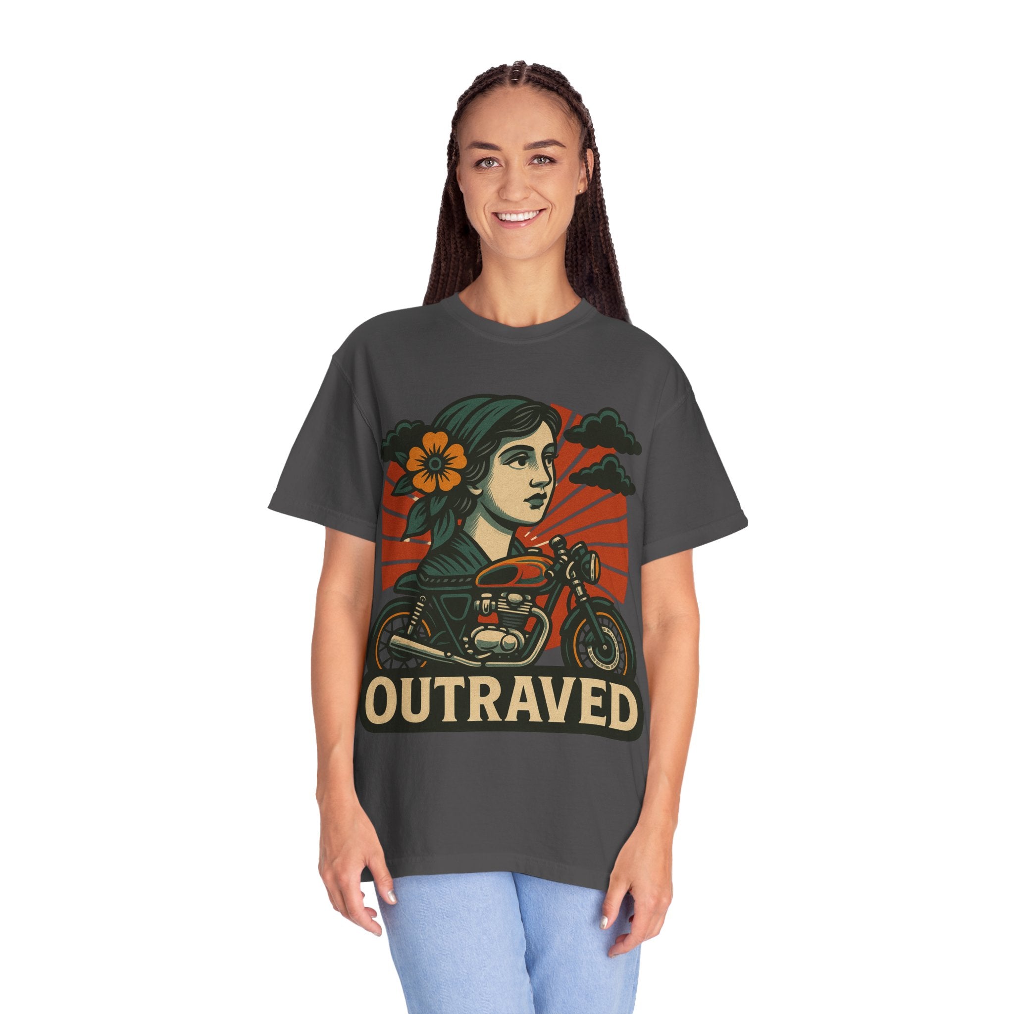 A Outraved Motorcycle Graphic T-Shirt — Vintage Rider Skull & Sunburst Tee