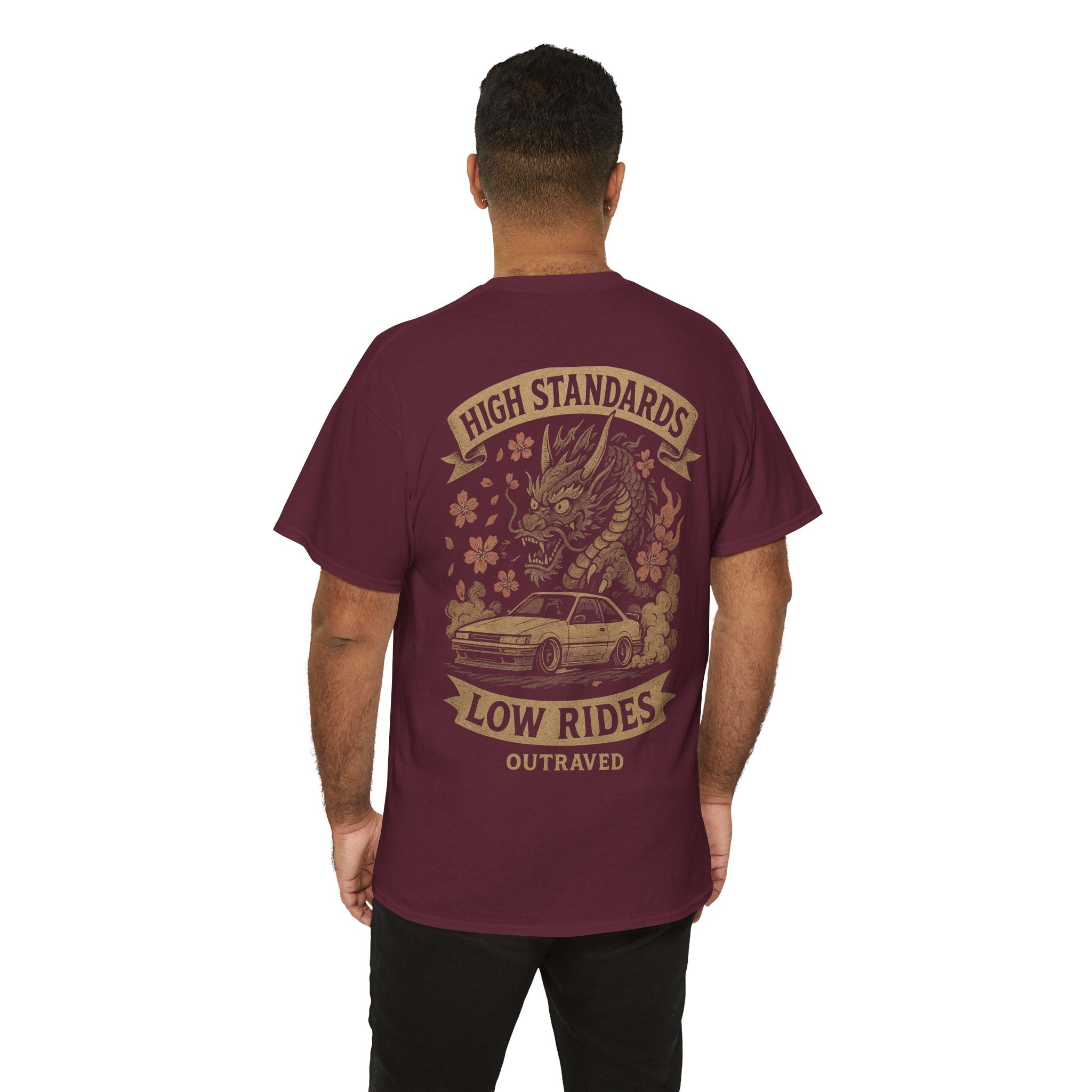 A Outraved 'High Standards Low Rides' Graphic Tee — Vintage Dragon Car Design