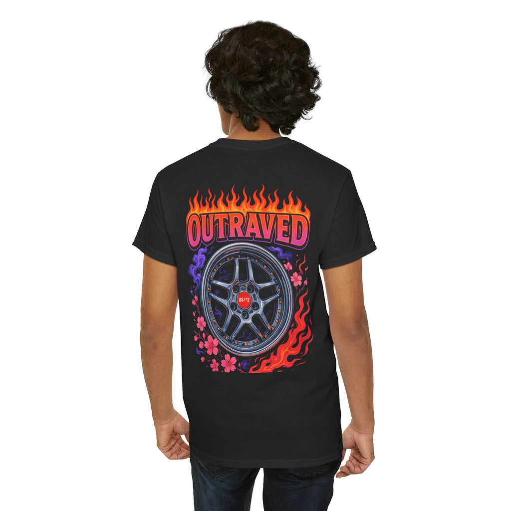 Outraved Wheel Graphic Tee — Vintage Racing Flame Design