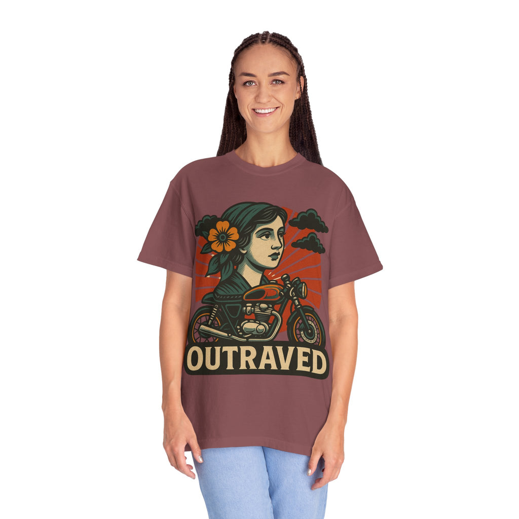 A Outraved Motorcycle Graphic T-Shirt — Vintage Rider Skull & Sunburst Tee